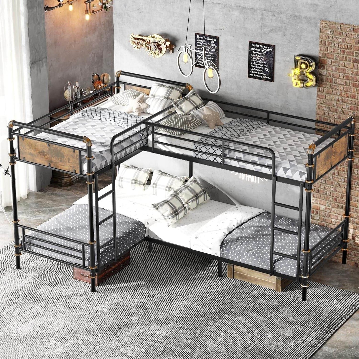 Quad Bunk Bed, Heavy Duty Metal 4 Bunk Beds for Kids with Ladders, Detachable Industrial L-Shaped Bunk Beds, Space Saving Design,Can Be Divided into 3 Twin Beds, Black - Loft&Timber