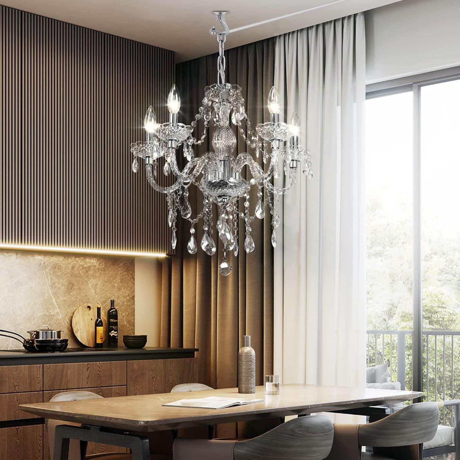 Plug-In 5 Light Crystal Hanging Pendant Lights Acrylic Chandelier with Clear Cord & On/Off Switch H19 D19.7 for Kitchen Island Girls' Room Dining Area Laundry Pavilion. - Loft&Timber