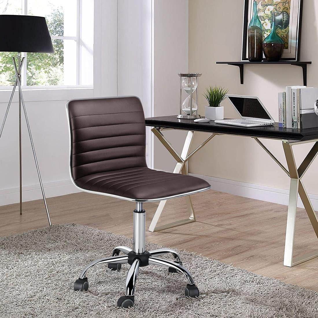 Armless Office Chair PU Leather Ribbered in Brown - Loft&Timber