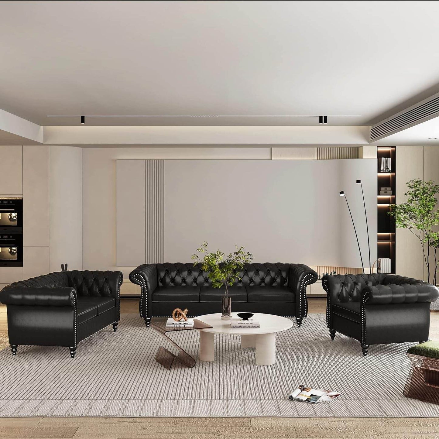 3-Piece Living Room Sectional Sofa Set, Upholstered Sofa Modern Sofa Couches Set Style Button Tufted, PU Chesterfield Sofa for Living Room Apartment, 1+2+3 Seat PU Black - Loft&Timber