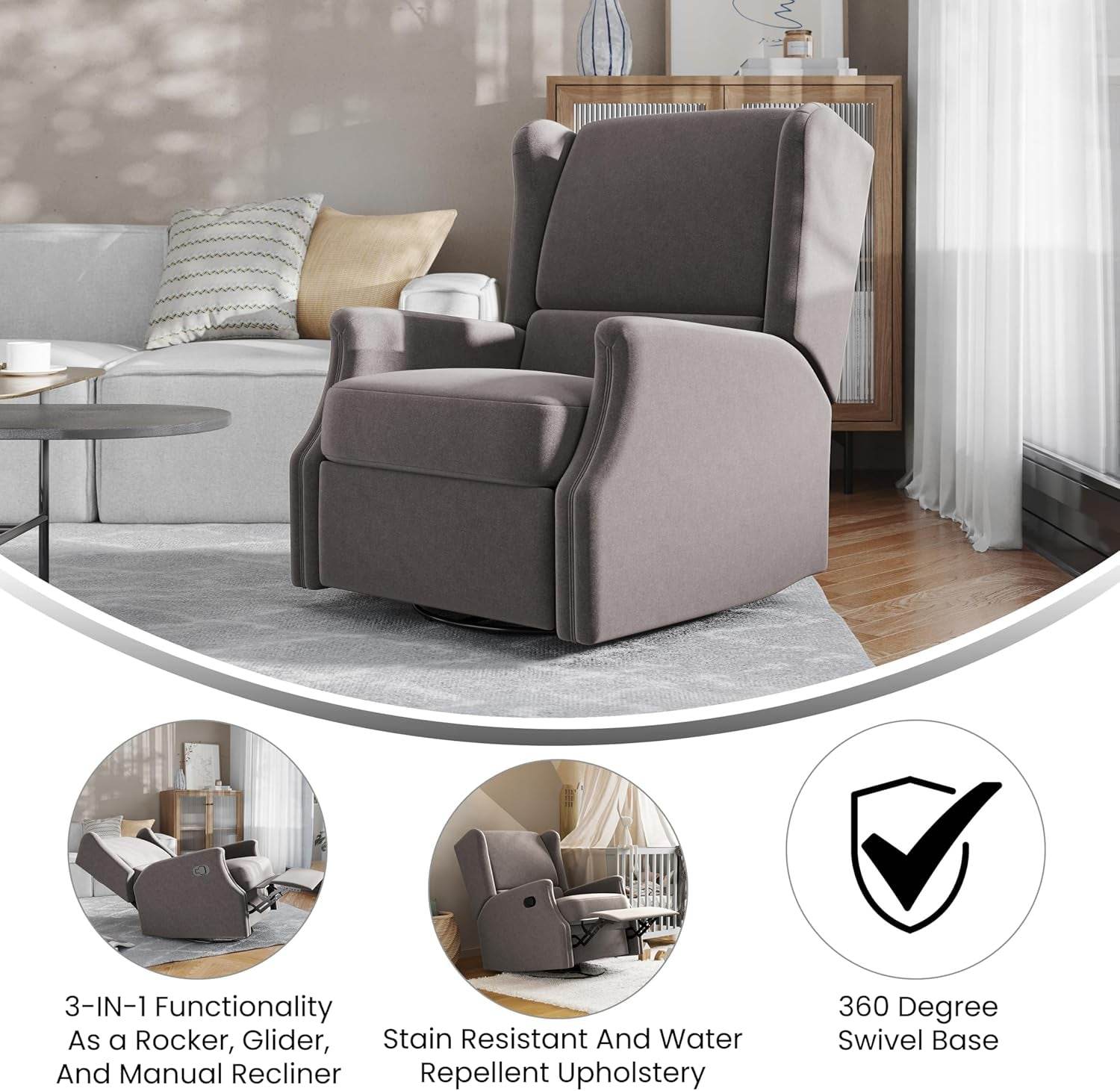 Omma Swivel Glider Rocking Recliner, Manual Wingback Recliner with 360 Degree Swivel, for Living Room, Bedroom, or Nursery, Upholstered, Dark Gray - Loft&Timber