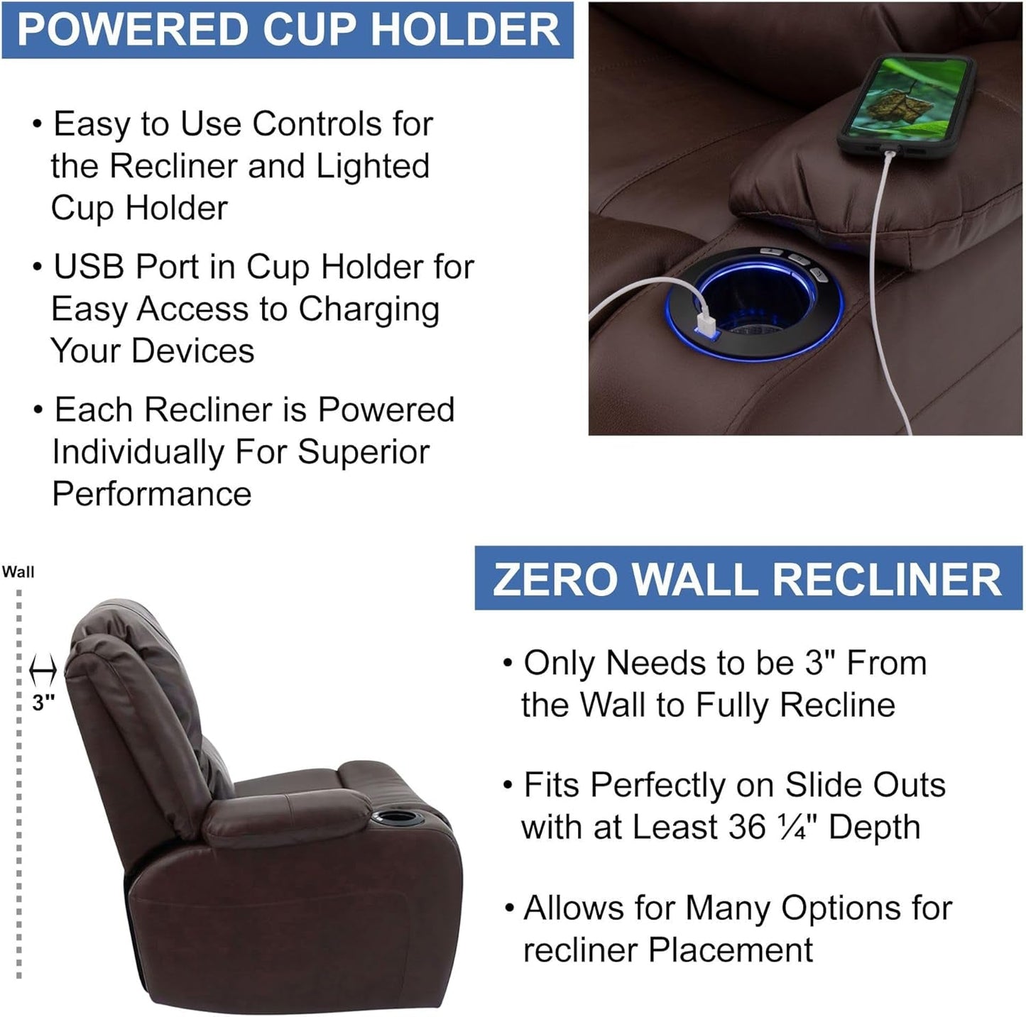 Charles 67" Powered Double RV Wall Hugger Recliner Sofa | Zero Wall Loveseat for Camper with Upgraded 2023 Fabric (Mahogany)-4