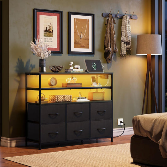 Led Dresser TV Stand for Bedroom, Entertainment Center with LED Lights and Power Outlet, 6 Drawer Drawer Dressers with Double Open Shelves, Black TV Stands-1