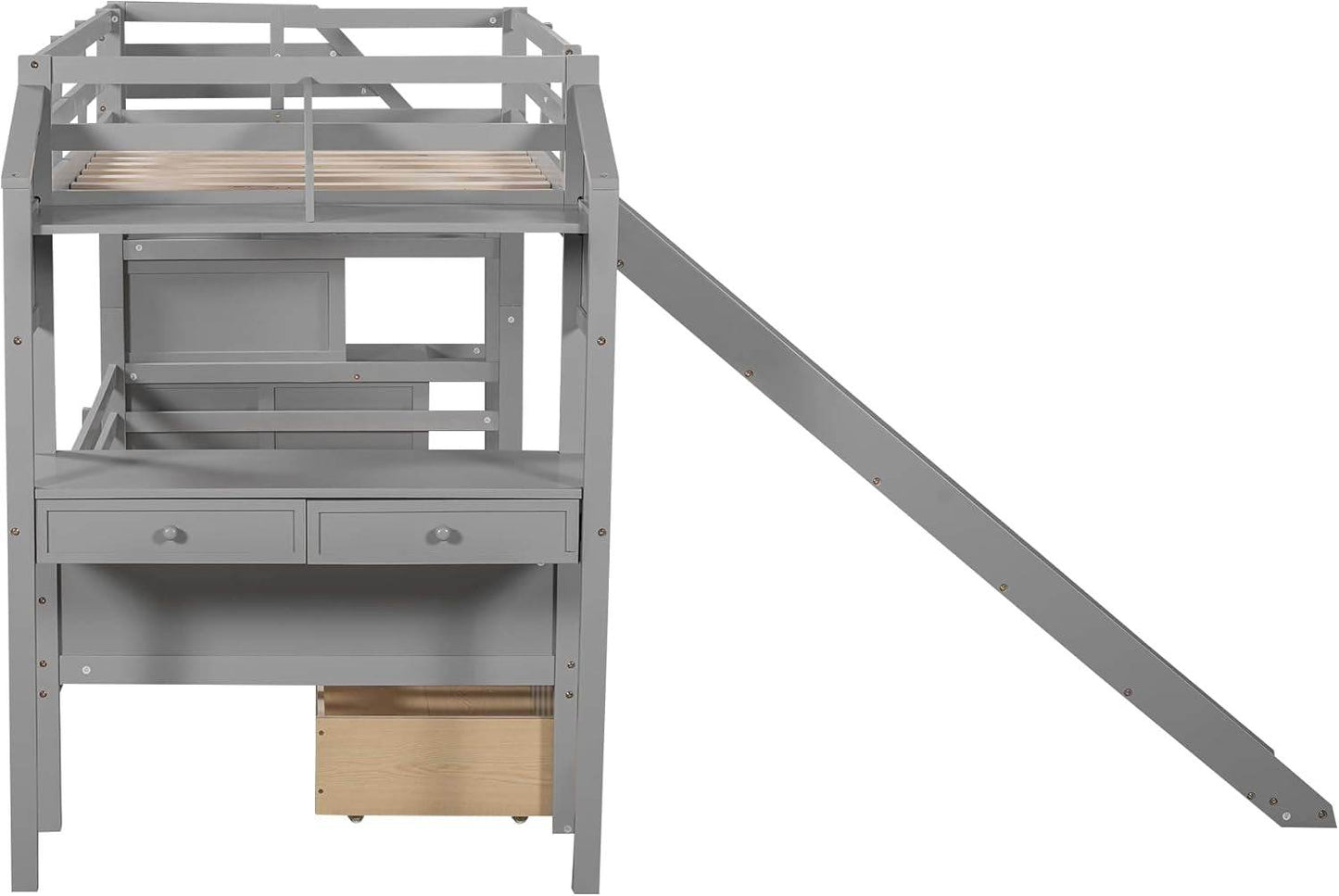Twin over Twin Bunk Bed with Stairs, Slide, Desk, Solid Wood Bunk Bed with Storage Drawers and Shelves, for Kids Teens Adults (Gray) - Loft&Timber