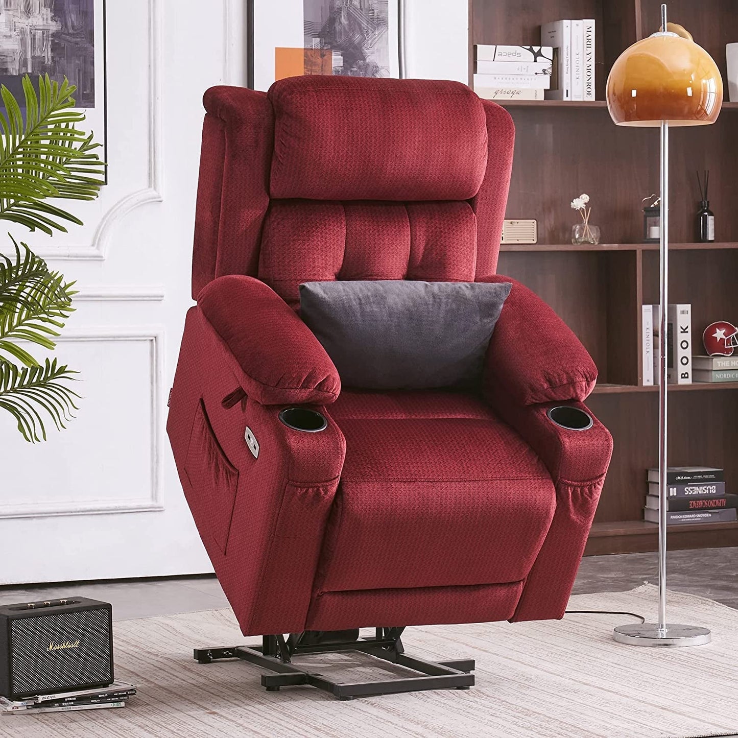Lay Flat Lift Recliner with Power Headrest, Massage and Heat, Fabric, Burgundy, Small-0