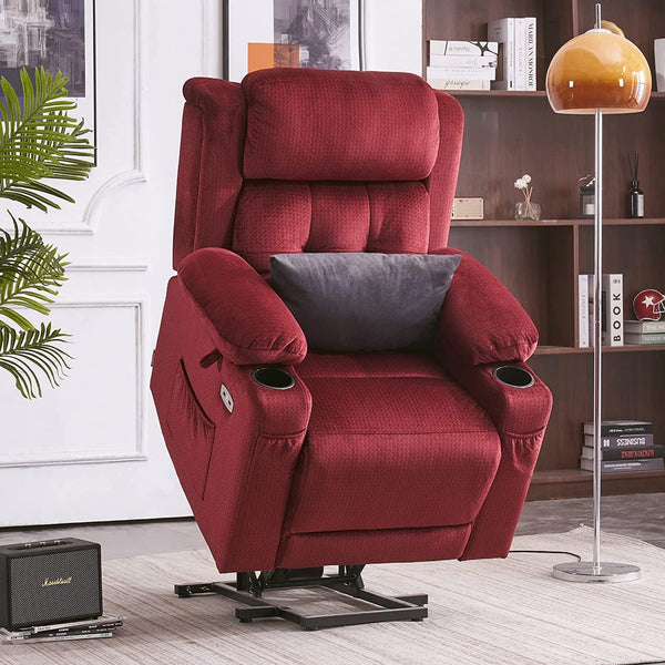 Lay Flat Lift Recliner with Power Headrest, Massage and Heat, Fabric, Burgundy, Small-0