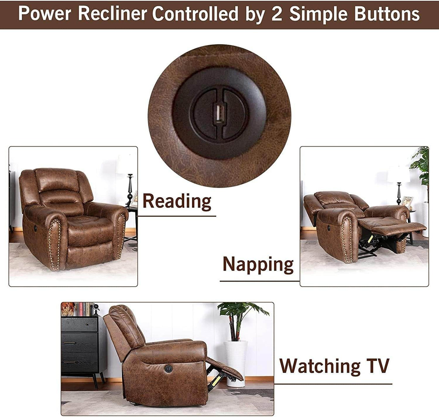 Electric Recliner Chair W/Breathable Bonded Leather, Classic Single Sofa Home Theater Recliner Seating W/USB Port (Nut Brown) - Loft&Timber