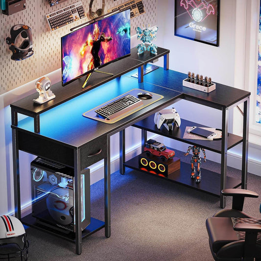 47 Inch Reversible L Shaped Desk with LED Lights & Power Outlets in Black - Loft&Timber