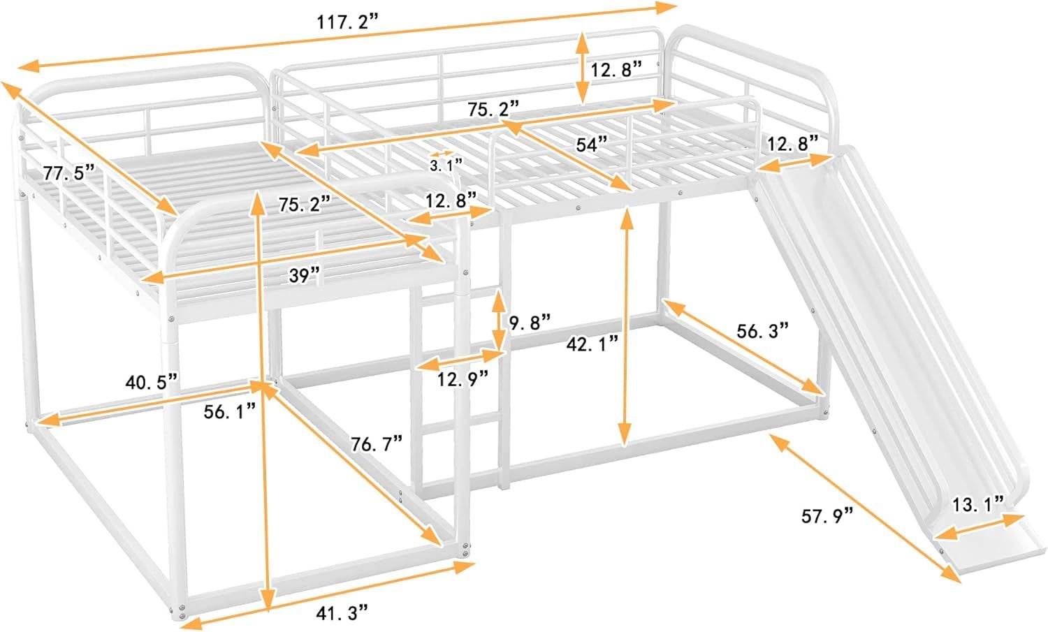 L-Shape Bunk Beds with Slide, Quad Bunk Bed for 4, Metal Twin Size Bunk Bed Attached with Full Size Bunk Bed Frame, Modern Corner Bunked for Multi-Kids Boys Girls Teens (White) - Loft&Timber