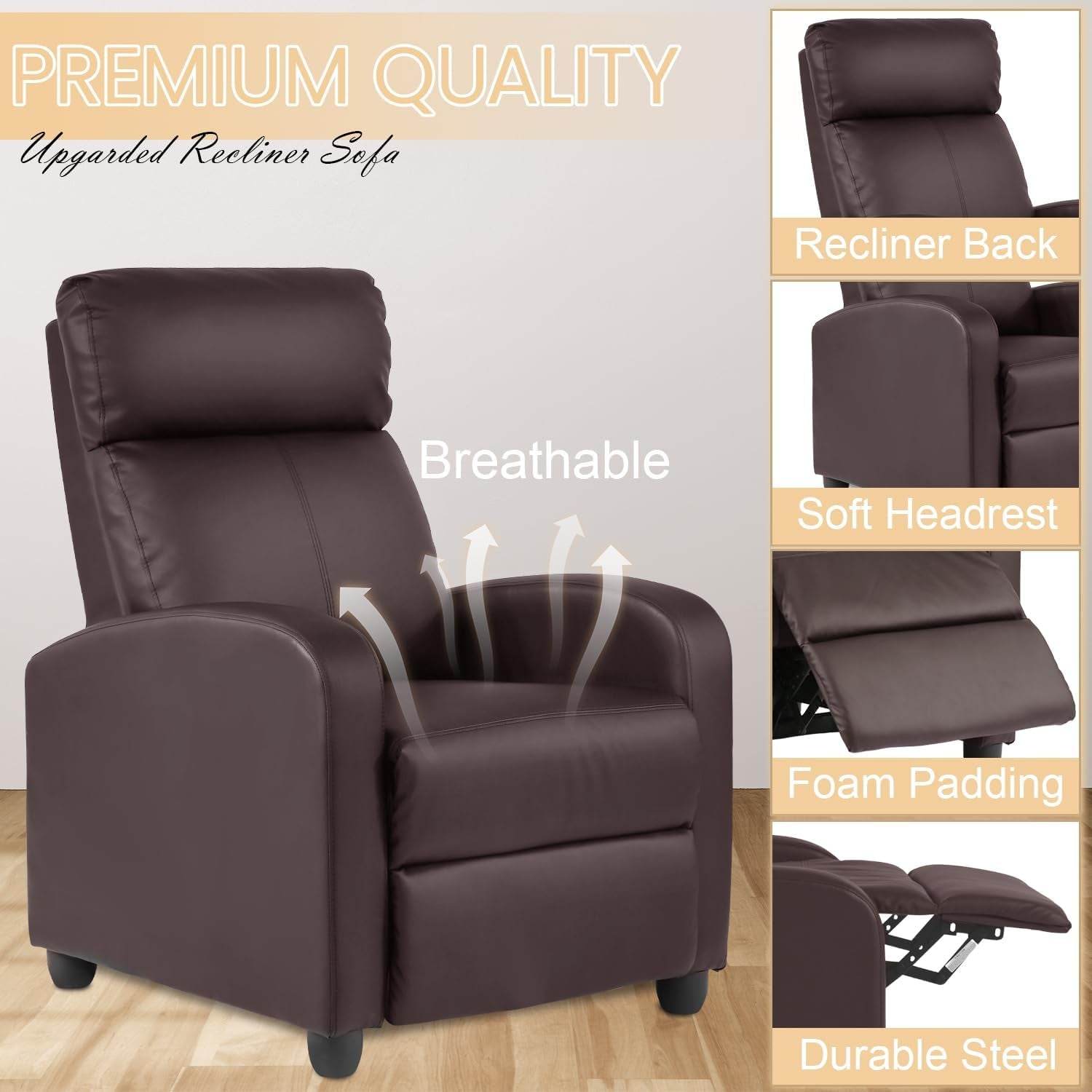 Recliner Chair Breathable Padded PU Leather Massage Single Sofa Recliners for Small Recliner Chair with Footrest Home Theater Seating for Bedroom Living Room,Brown - Loft&Timber