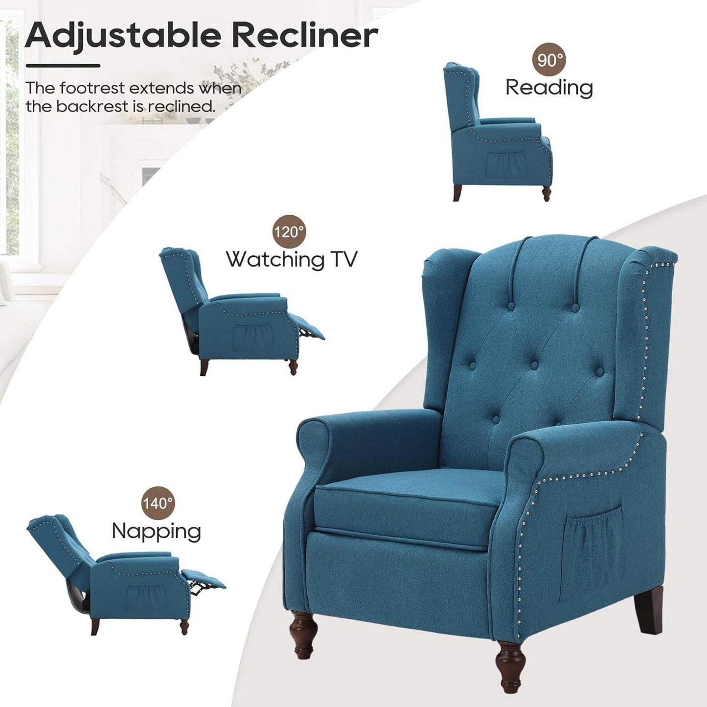 Wingback Recliner Chair with Massage and Heat Tufted Fabric Push Back Recliner Chair for Living Room Vintage Recliner Chair with Remote Control, Padded Cushion, Backrest, Wooden Legs - Loft&Timber