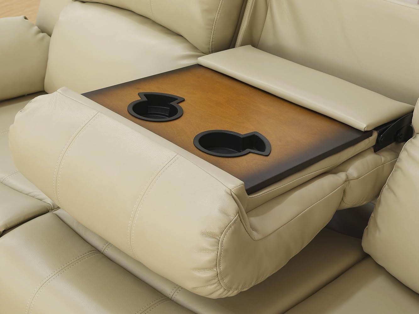 Manual Reclining Sofa Modern Recliner Sofa Couch 3 Seater Leather Reclining Sofa Living Room Furniture Couch with Cup Holders & Flip-Down Table for Home/Office/Rv Car (Beige, 3 Seater Sofa) - Loft&Timber