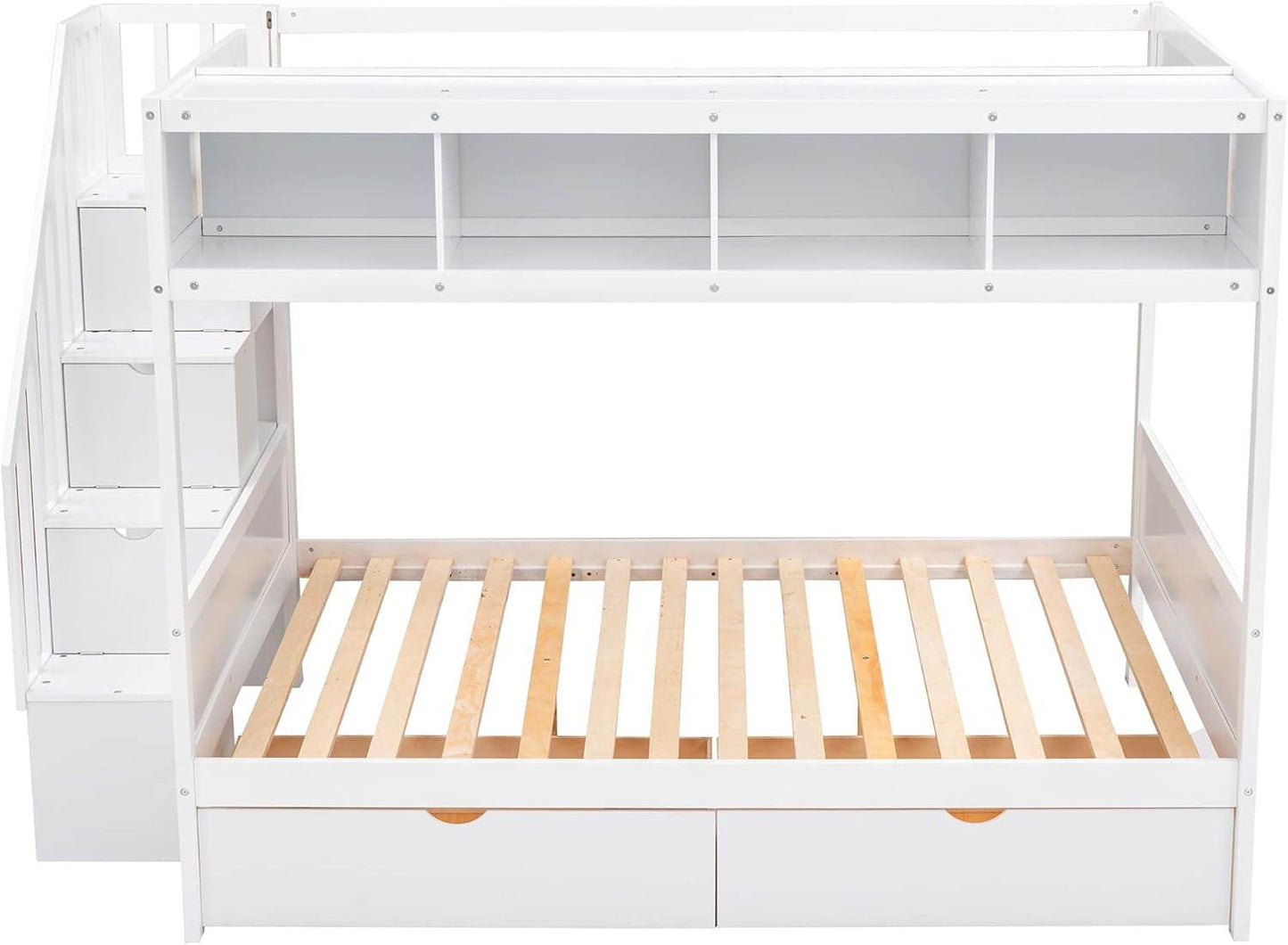 Twin over Full Bunk Bed with Storage Shelves, Stairs, Solid Wood Staiway Bunk Bed Frame with 2 Drawers, for Kids Teens Adults (White) - Loft&Timber