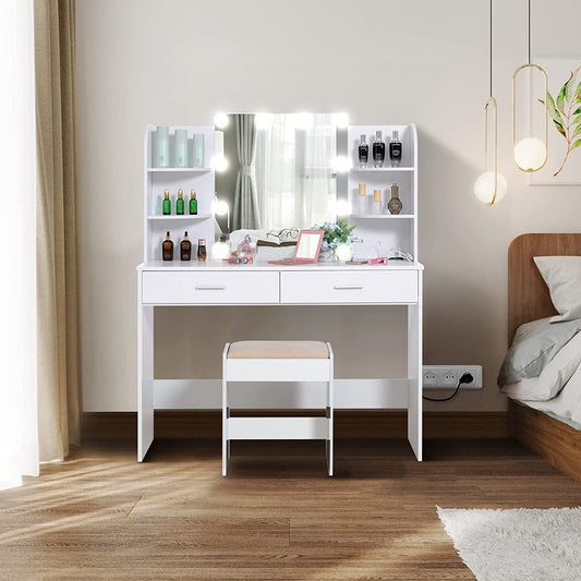 Large Vanity Set with Lighted Mirror, Charging Station (White)-1