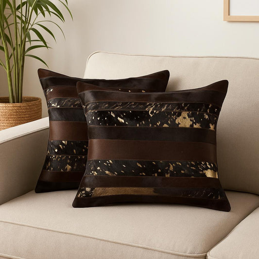 Set of Two 18" Chocolate Cowhide Throw Pillows - Loft&Timber