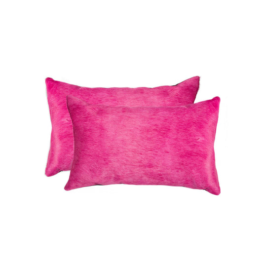 Set of Two 12" X 20" Fuchsia Cowhide Lumbar Throw Pillows - Loft&Timber