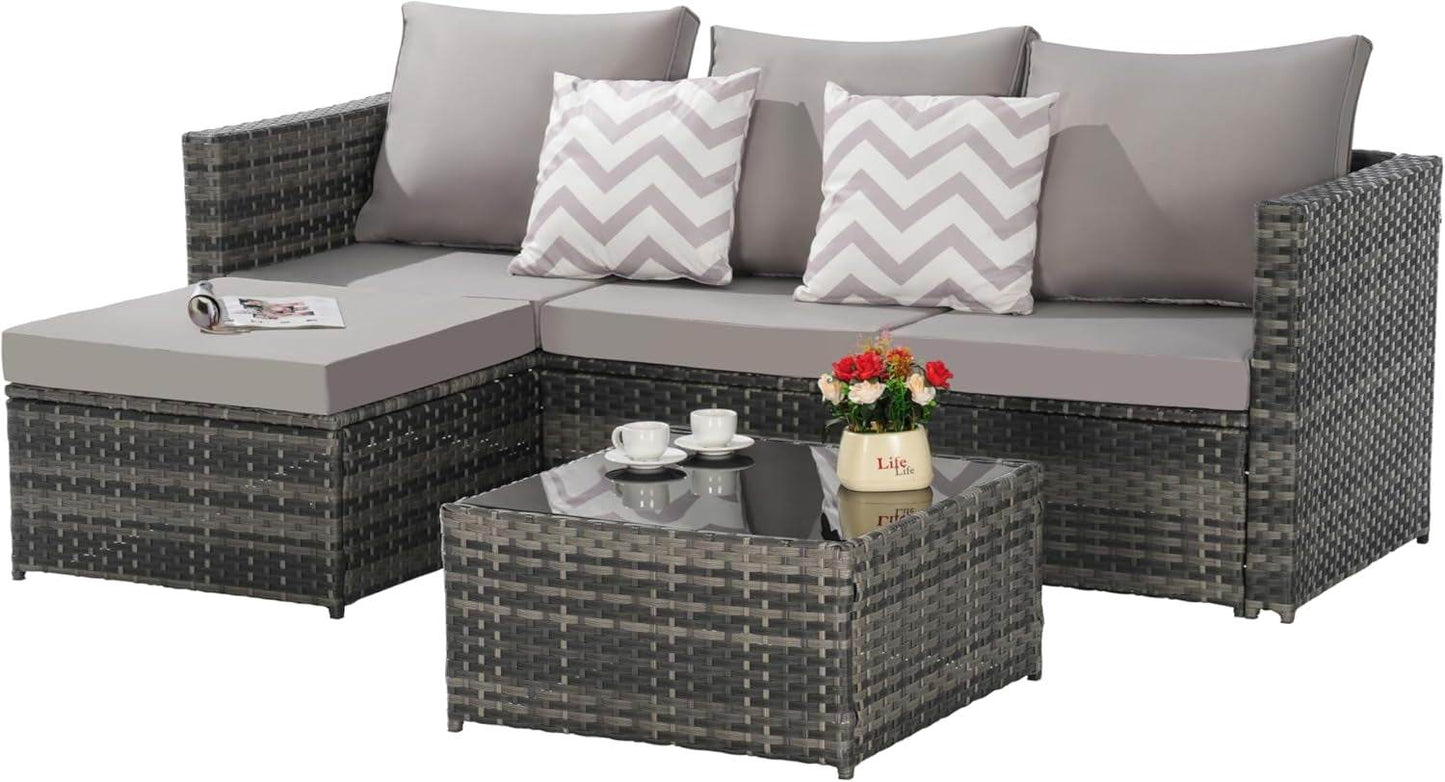 3 Pieces Patio Furniture Set All-Weather Outdoor Wicker Sectional Conversation Sofa Rattan Patio Sofa W/Cushion & Glass Table,Patio Conversation Set,Backyard Furniture for Porch (Light Gray) - Loft&Timber