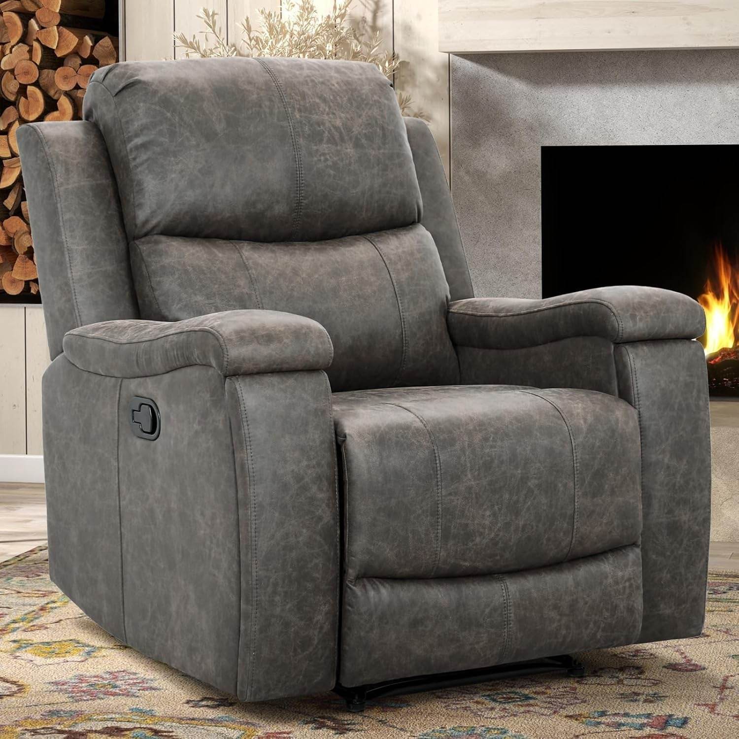 Leather Recliner Chair, Classic and Traditional Manual Recliner Chair with Overstuffed Arms and Back, Manual Single Sofa with Concealed Cup Holders,Grey - Loft&Timber