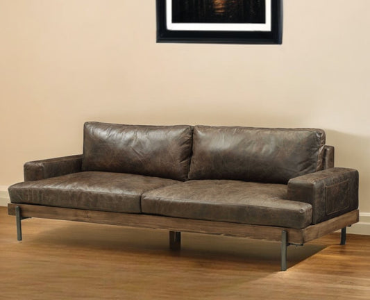 95" Chocolate Top Grain Leather Sofa With Black Legs-1
