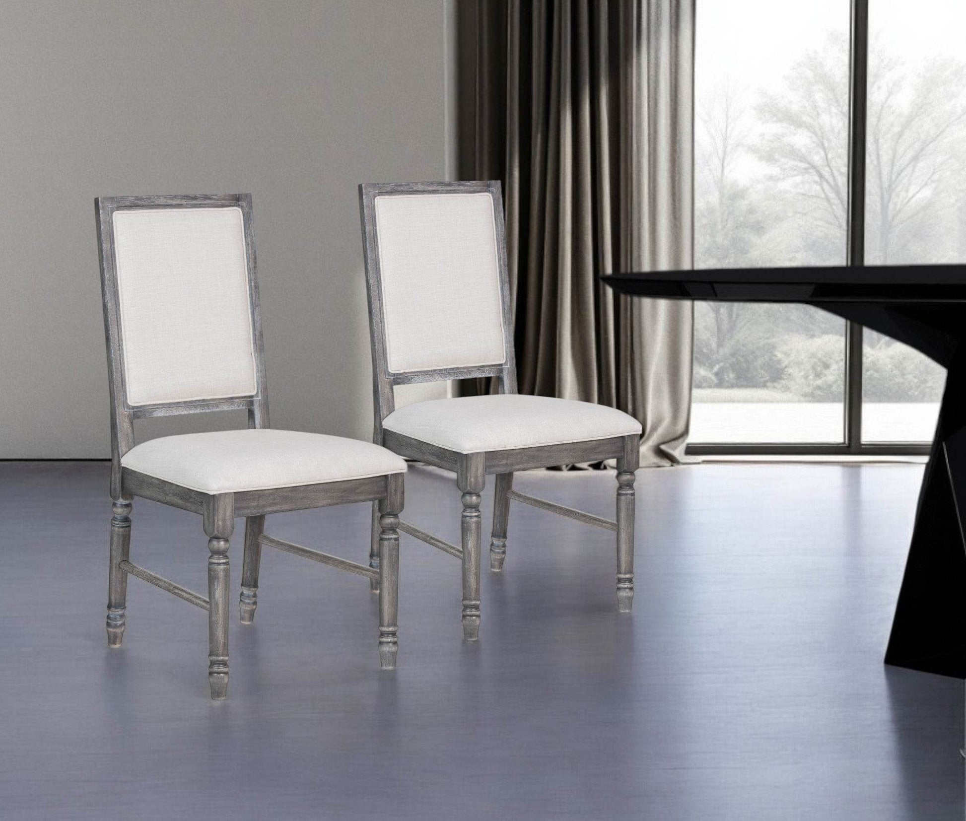 Set of Two Cream and Gray Upholstered Linen Dining Side Chairs - Loft&Timber