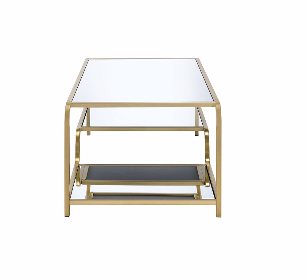 52" Clear and Gold Mirrored Glass And Iron Coffee Table With Shelf - Loft&Timber