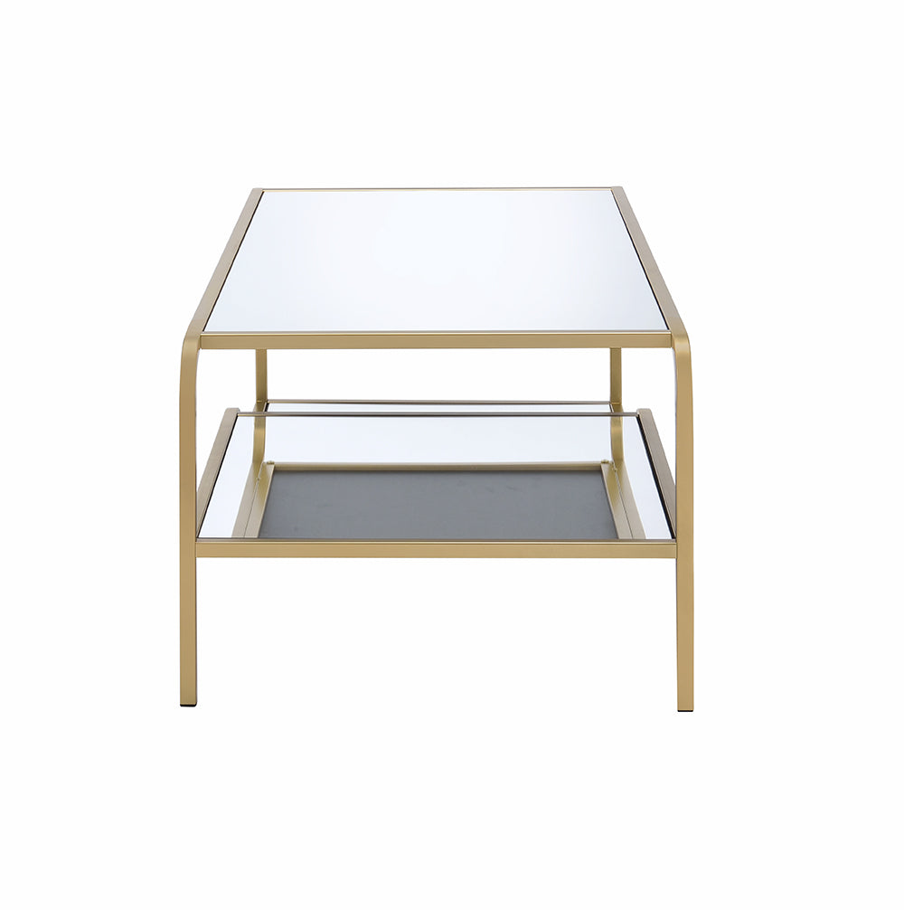 52" Clear and Gold Mirrored Glass And Iron Coffee Table With Shelf - Loft&Timber
