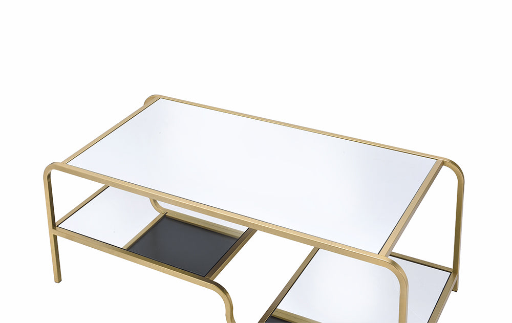 52" Clear and Gold Mirrored Glass And Iron Coffee Table With Shelf - Loft&Timber