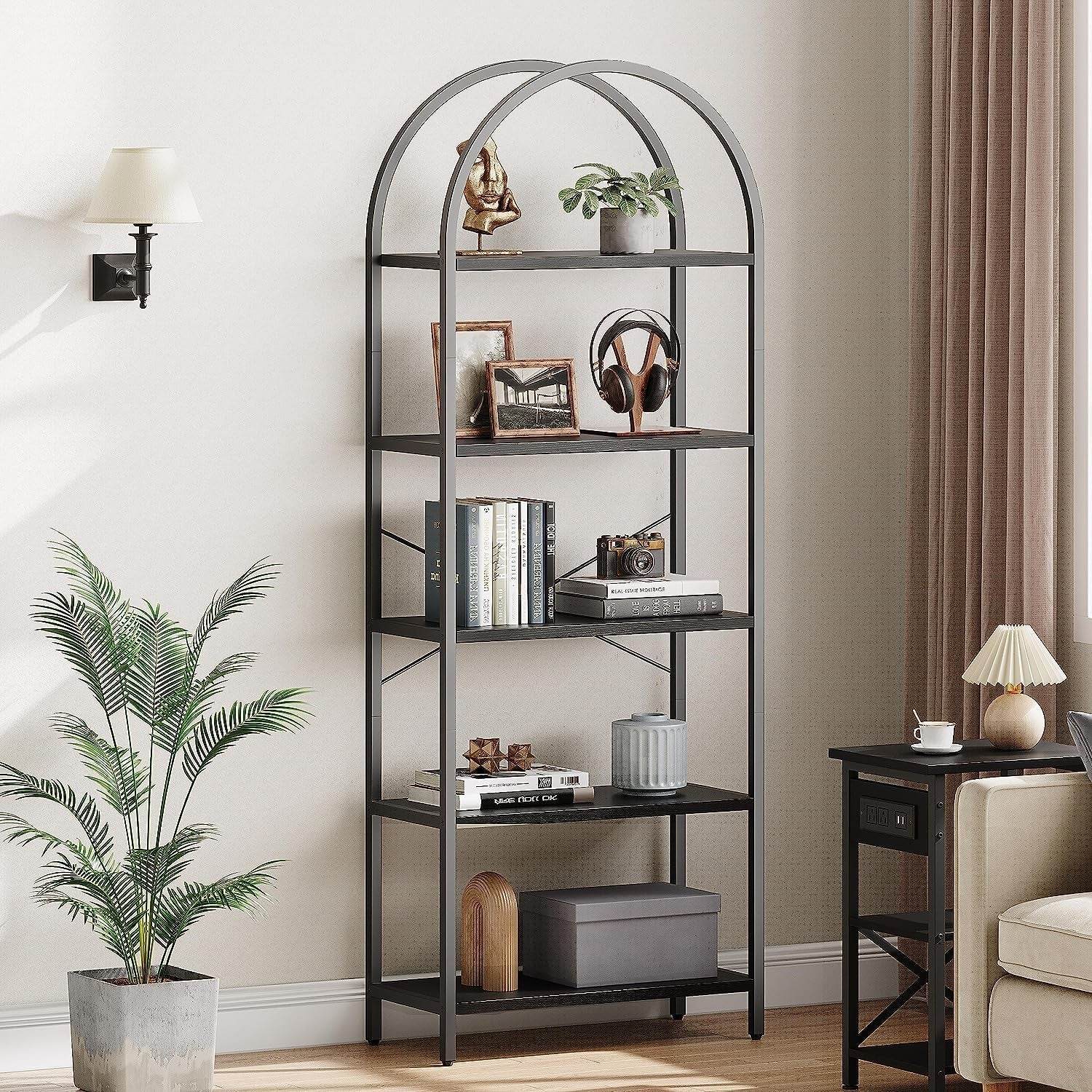 Tall Black Arched Bookcase with 5 Open Shelves - Loft&Timber
