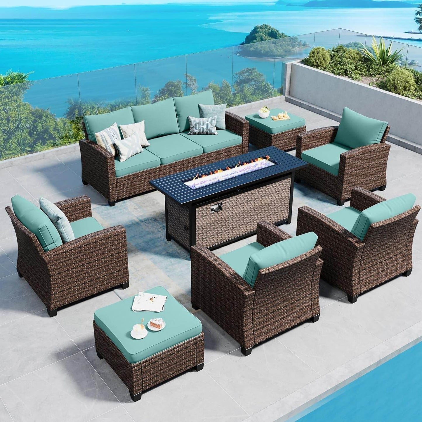 Patio Furniture Set Outdoor Furniture Brown Wicker Rattan Patio Conversation Sets with Cushion outside Sofa Set,7 Pieces with Rectangular Firepit Table,9 Seats,Blue - Loft&Timber