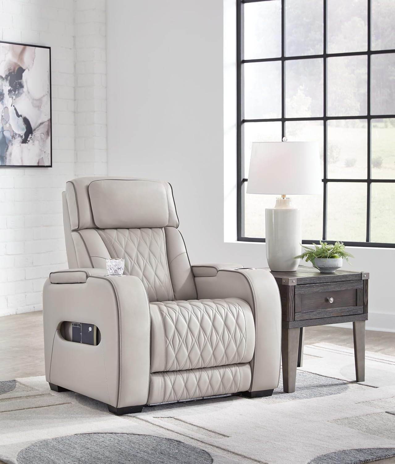 Boyington Contemporary Leather Match Power Recliner, Light Gray - Loft&Timber