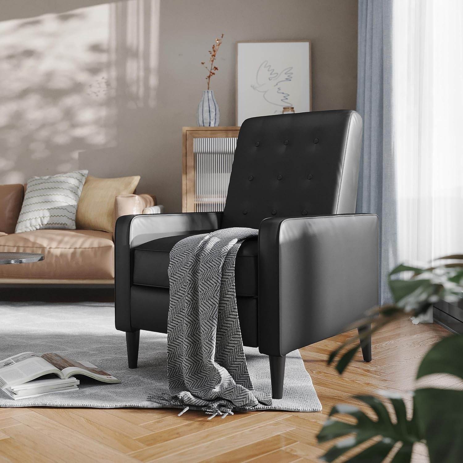 Ezra Pushback Recliner - Mid-Century Modern Black Leathersoft Upholstery - Loft&Timber