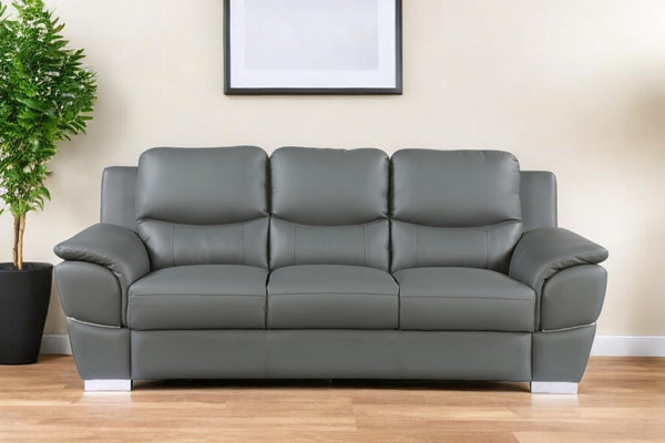 85" Gray Leather Sofa With Silver Legs-0