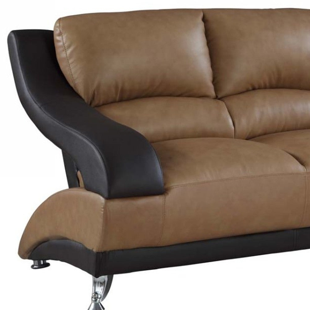 62" Brown and Black And Silver Faux Leather Loveseat - Loft&Timber