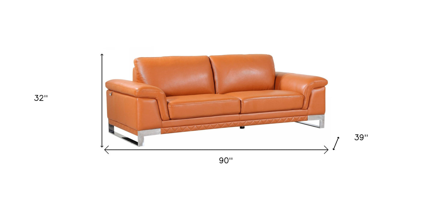 90" Orange Italian Leather Sofa With Silver Legs-4