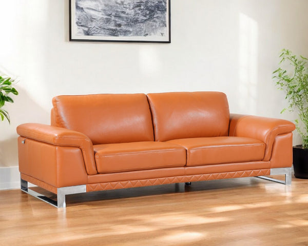 90" Orange Italian Leather Sofa With Silver Legs-0