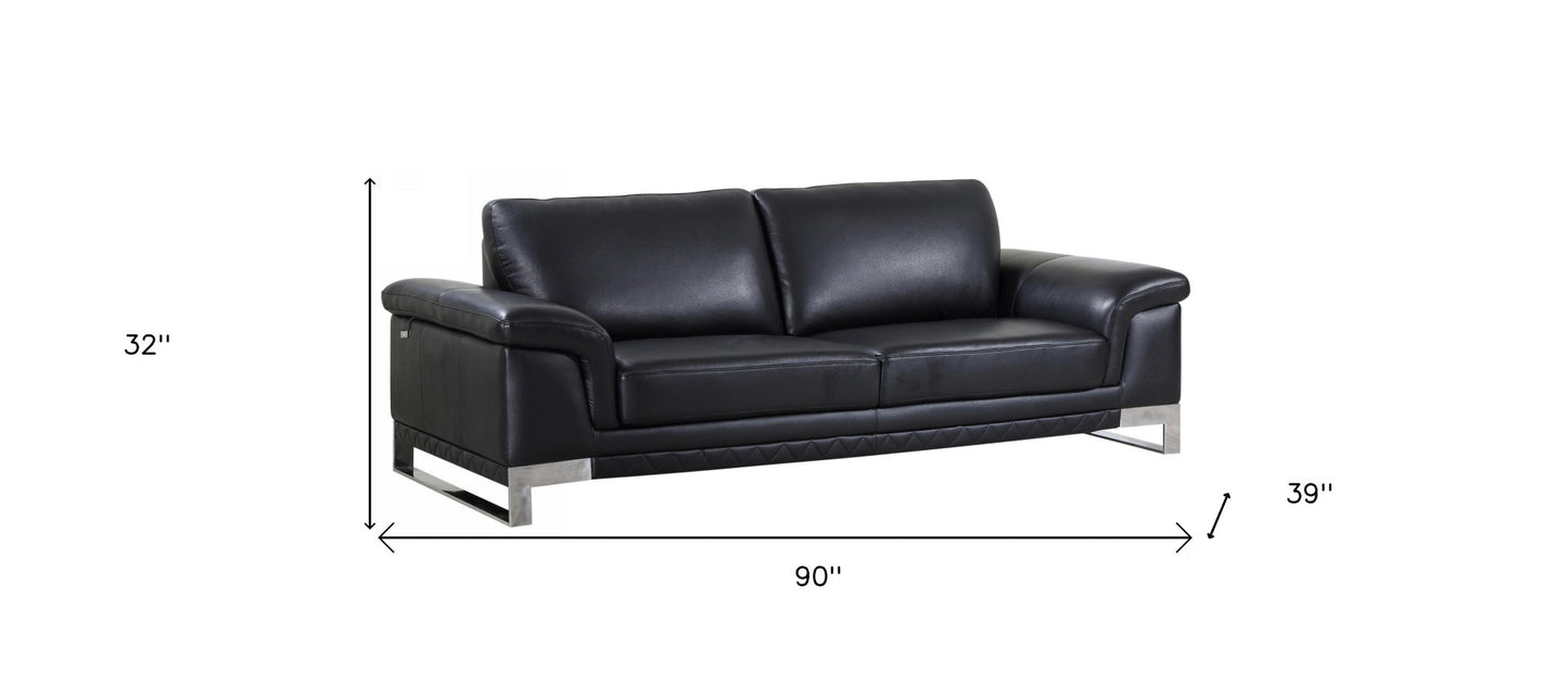 90" Black Italian Leather Sofa With Silver Legs-4