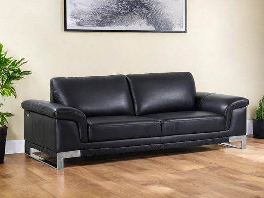 90" Black Italian Leather Sofa With Silver Legs-0