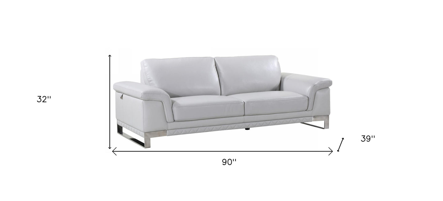 90" Light Gray Italian Leather Sofa With Silver Legs-4
