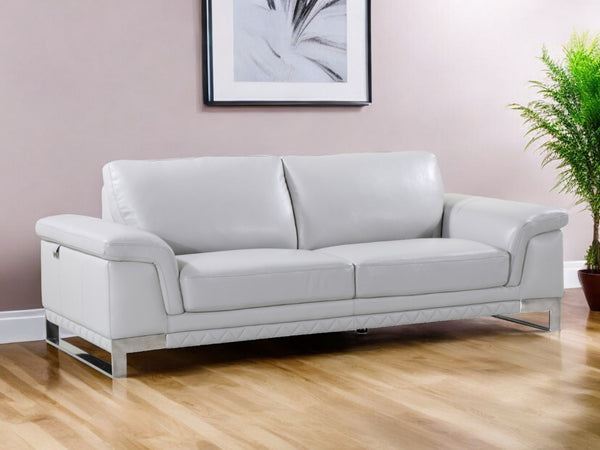 90" Light Gray Italian Leather Sofa With Silver Legs-0