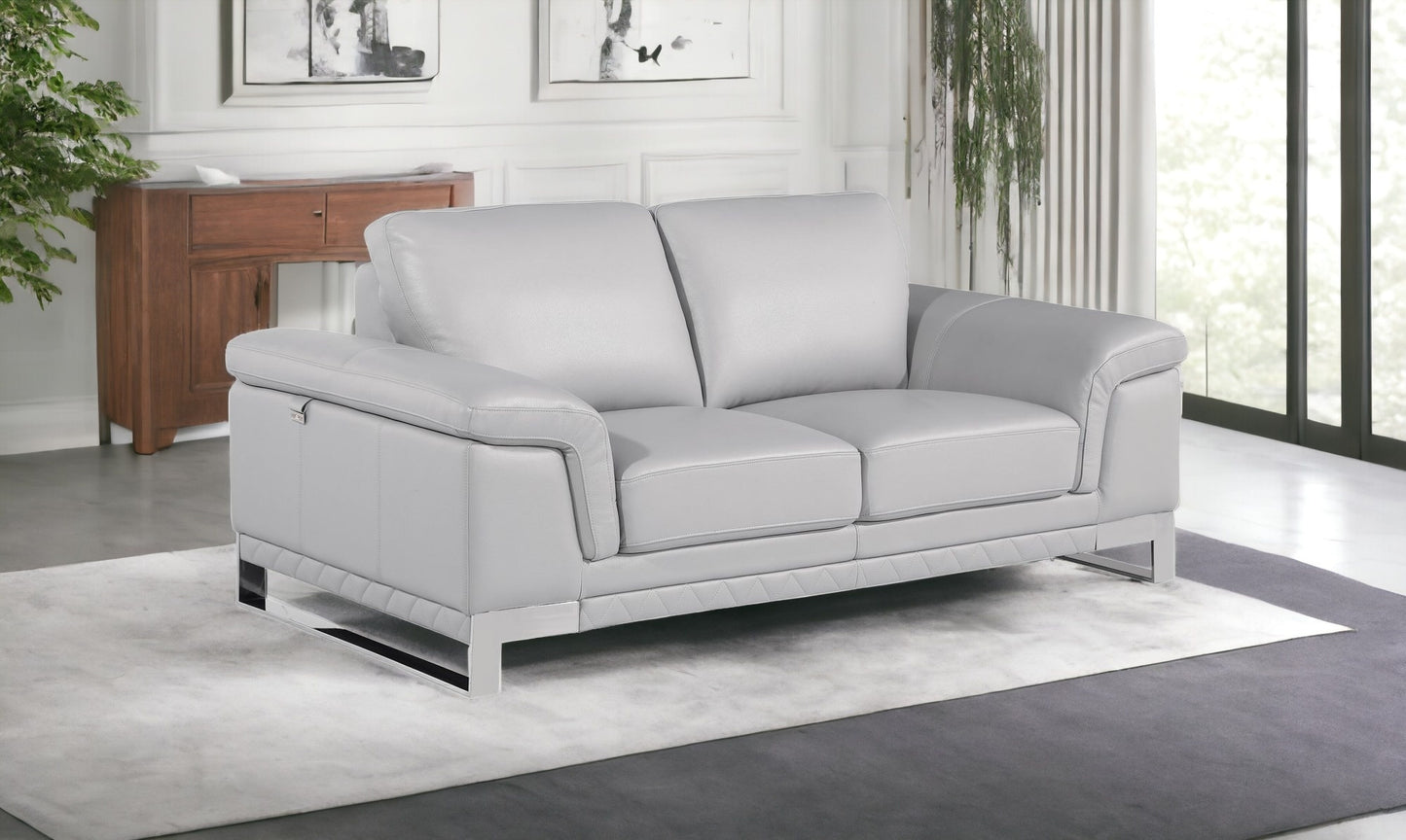 73" Light Gray And Silver Genuine Leather Loveseat - Loft&Timber