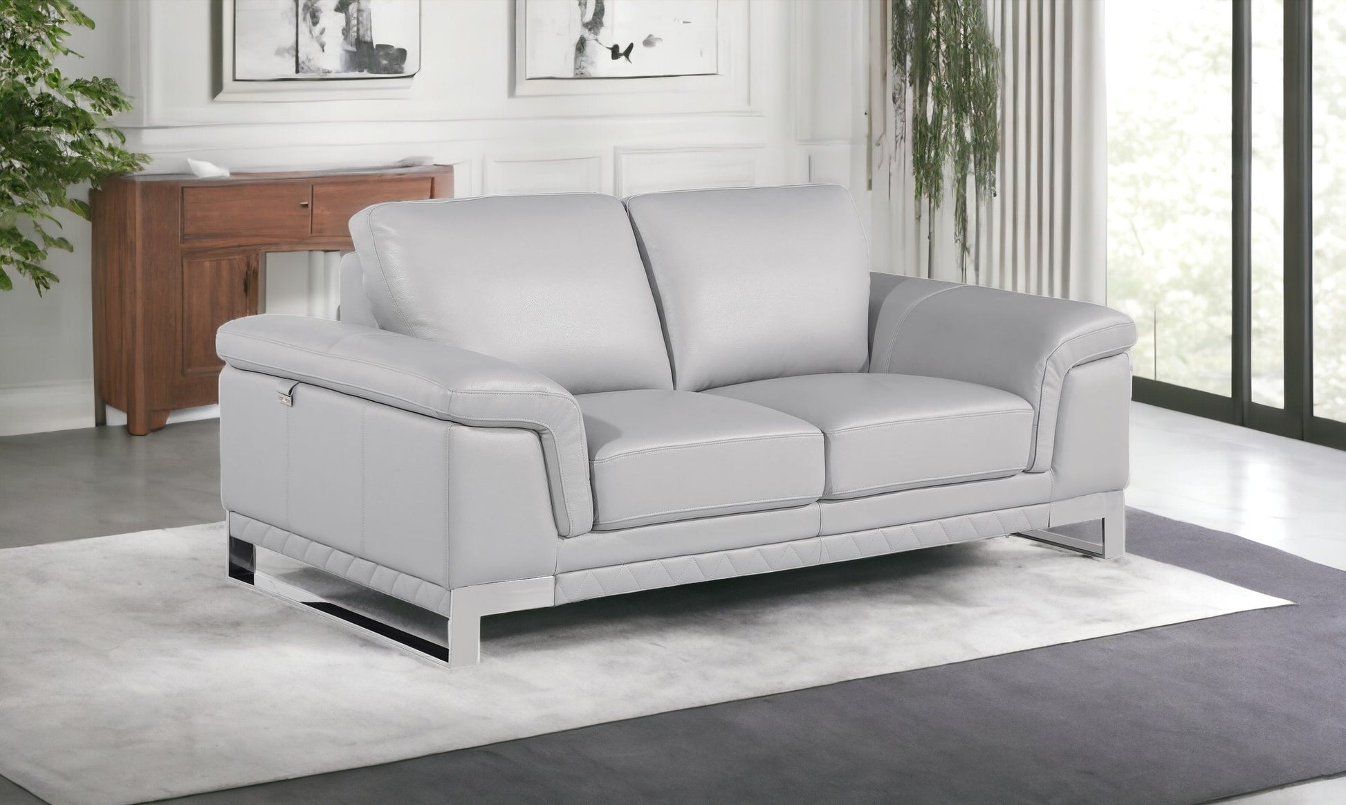 73" Light Gray And Silver Genuine Leather Loveseat - Loft&Timber