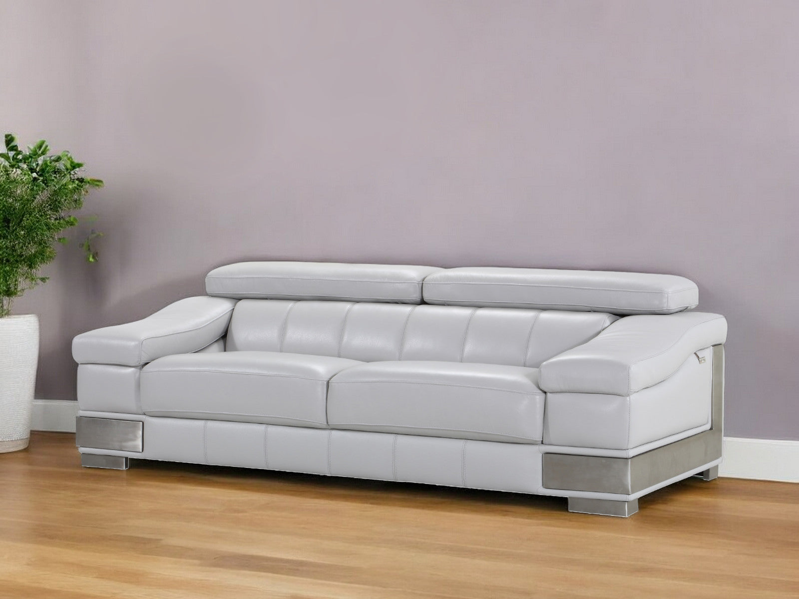 92" Light Gray Italian Leather Sofa With Silver Legs-0