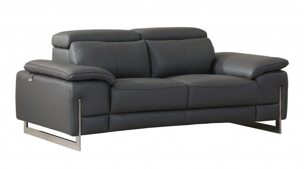 71" Dark Gray And Silver Genuine Leather Loveseat - Loft&Timber