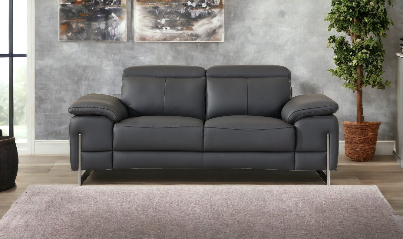 71" Dark Gray And Silver Genuine Leather Loveseat - Loft&Timber