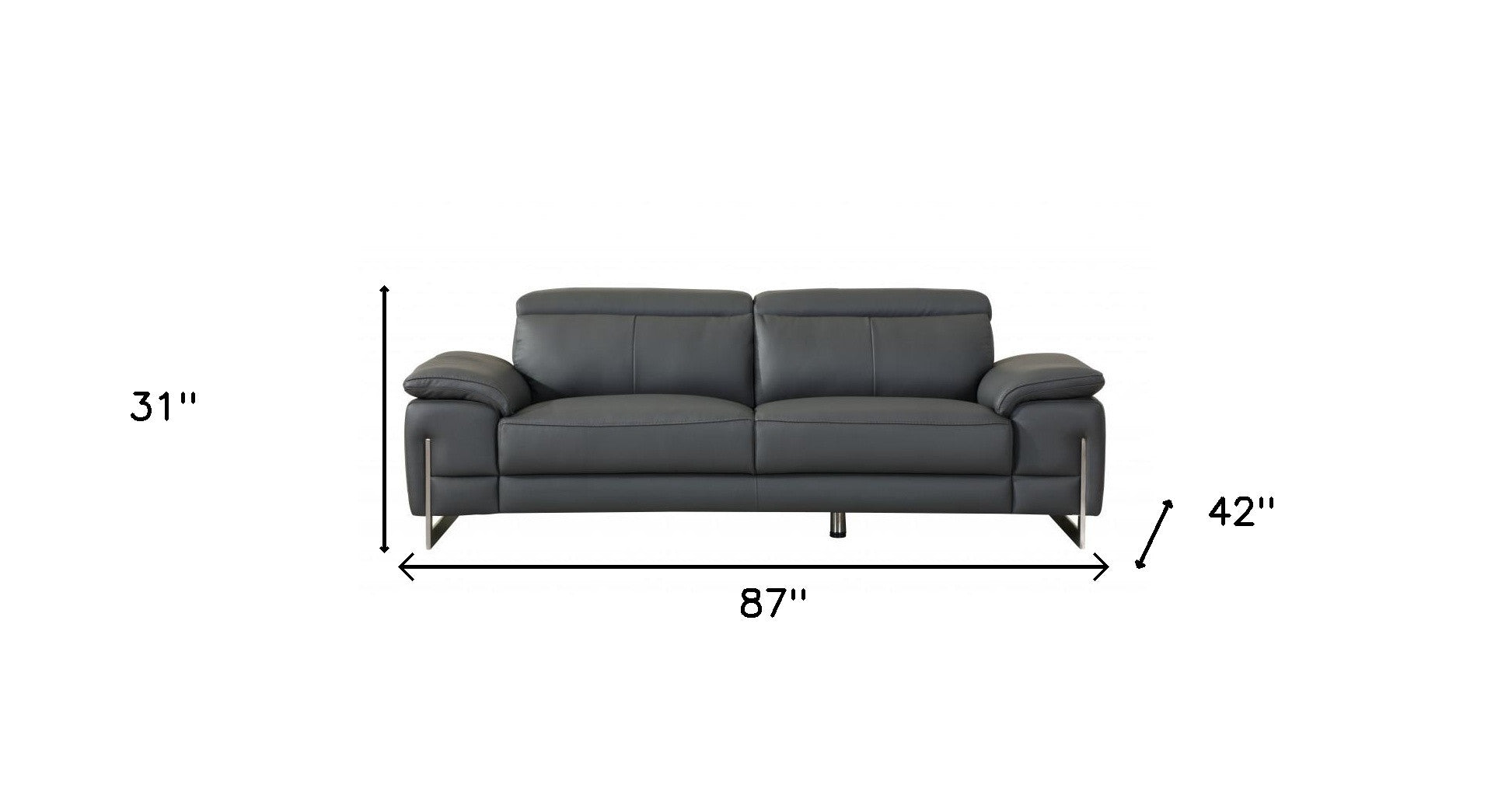 87" Dark Gray Italian Leather Sofa With Silver Legs-7