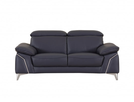71" Navy Blue And Silver Genuine Leather Loveseat - Loft&Timber