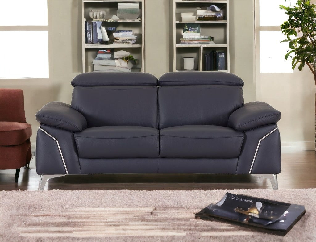 71" Navy Blue And Silver Genuine Leather Loveseat - Loft&Timber