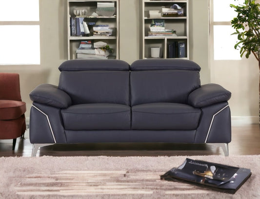 71" Navy Blue And Silver Genuine Leather Loveseat - Loft&Timber