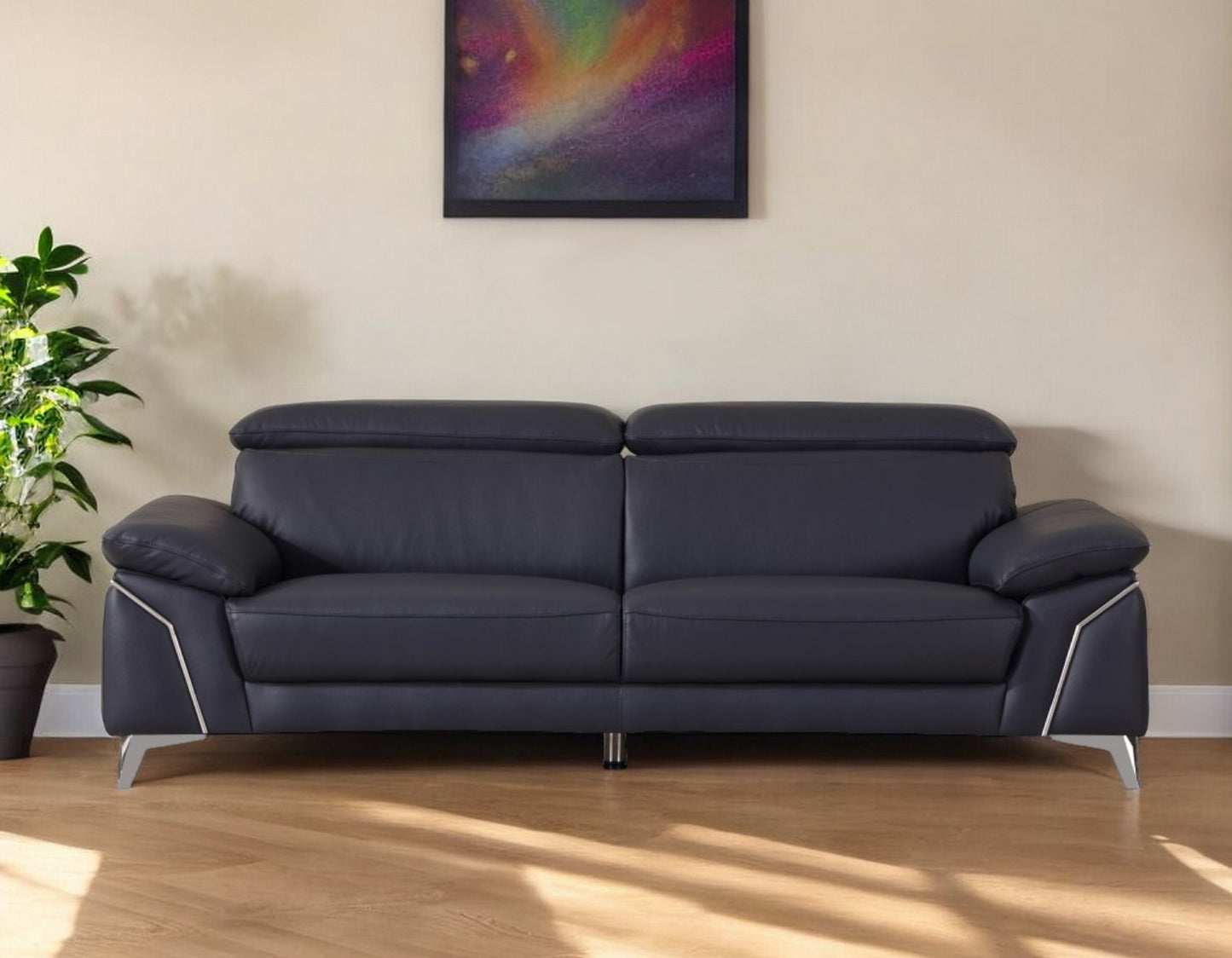 87" Blue Italian Leather Sofa With Silver Legs-1
