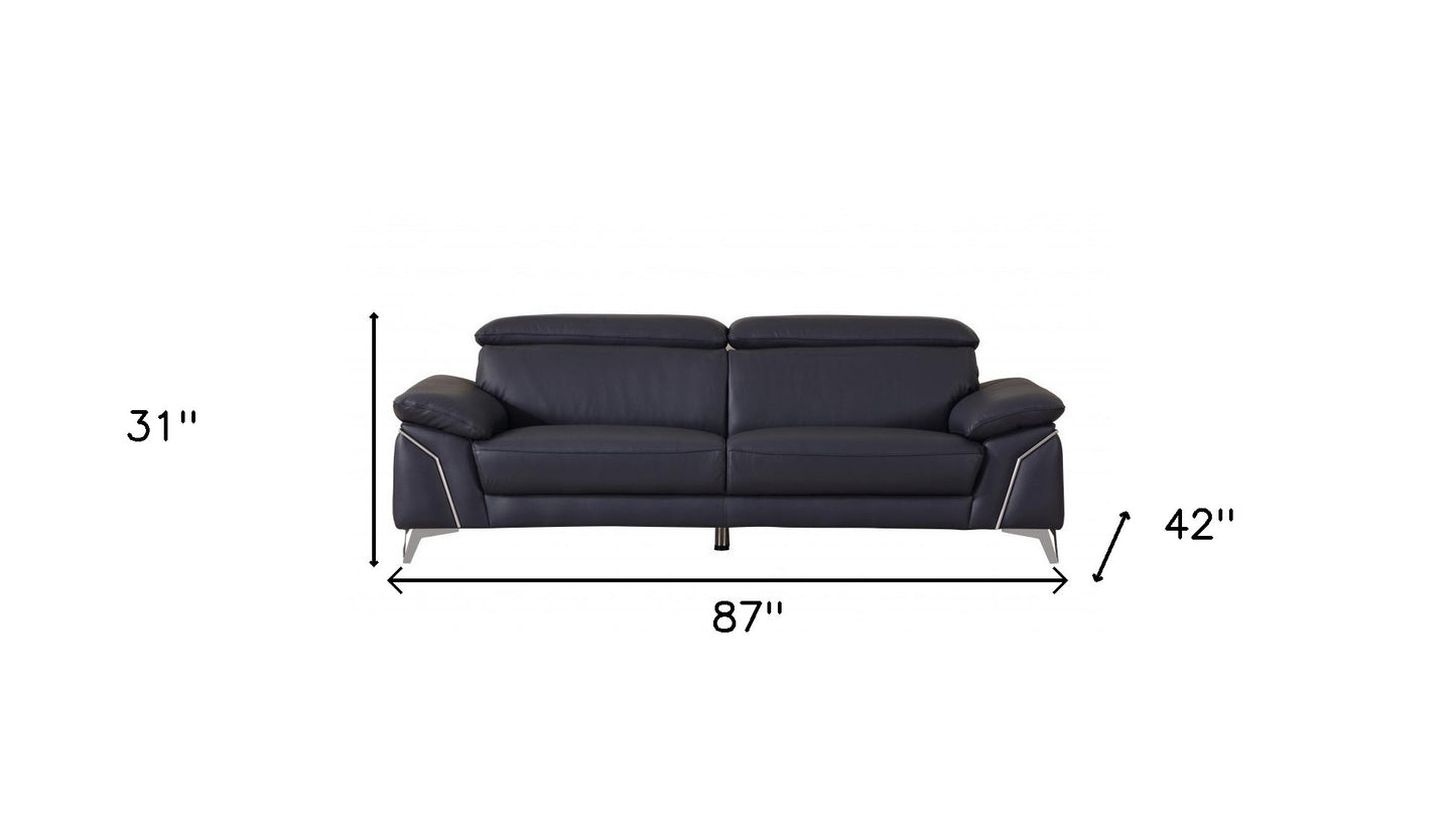 87" Blue Italian Leather Sofa With Silver Legs-7